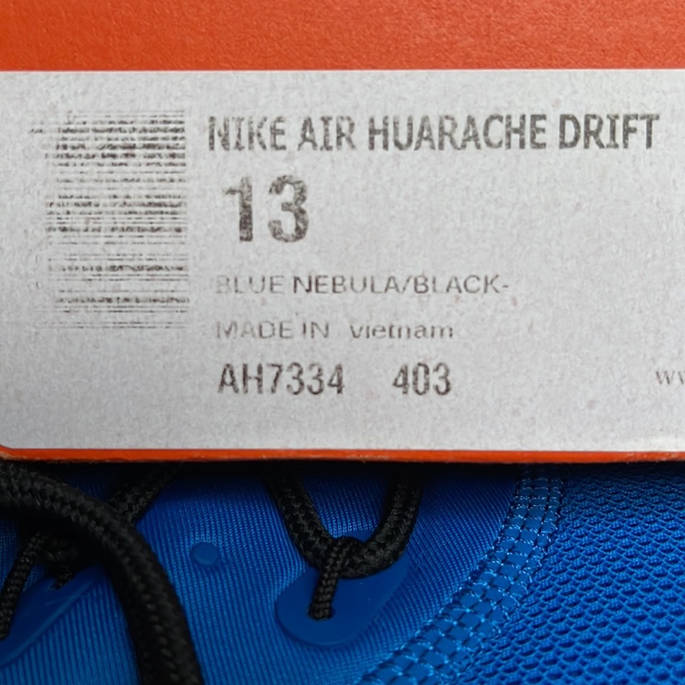 NIKE Men’s AIR HUARACHE DRIFT
BLUE NEBULA/BLACK
AH7334 403 Sneakers Athletic - Picture 16 of 16